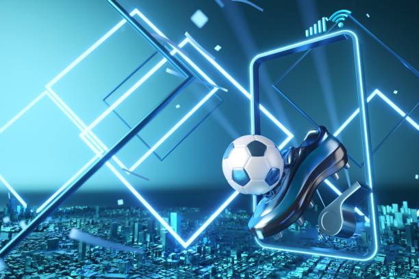 football balls object, sport ball design, football element concept, 3d illustration, abstract football technology, smartphone mobile screen, green grass field, online sport live, casino sport business - 电竞 個照片及圖片檔