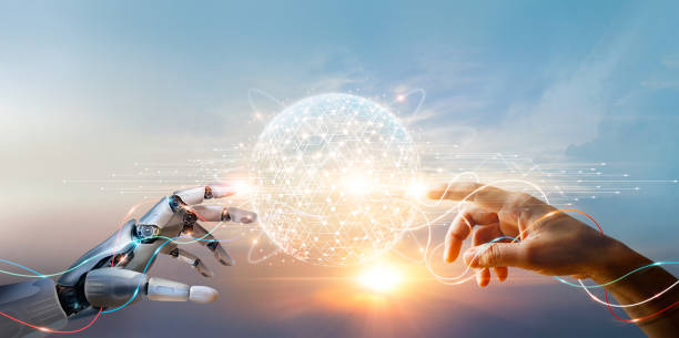 ai, machine learning, hands of robot and human touching big data of global network connection, internet and digital technology, science and artificial intelligence digital technologies of futuristic. - 未来 個照片及圖片檔